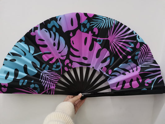 Synthwave Plants Pink Blue - Bamboo Folding Hand Fan