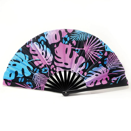 Synthwave Leaves - Bamboo Folding Hand Fan
