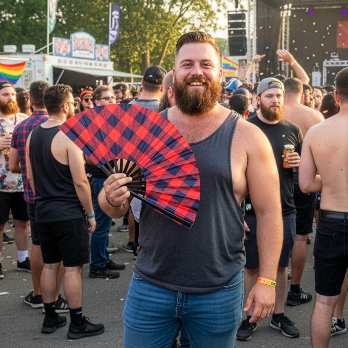 Red Plaid - Bamboo Folding Hand Fan