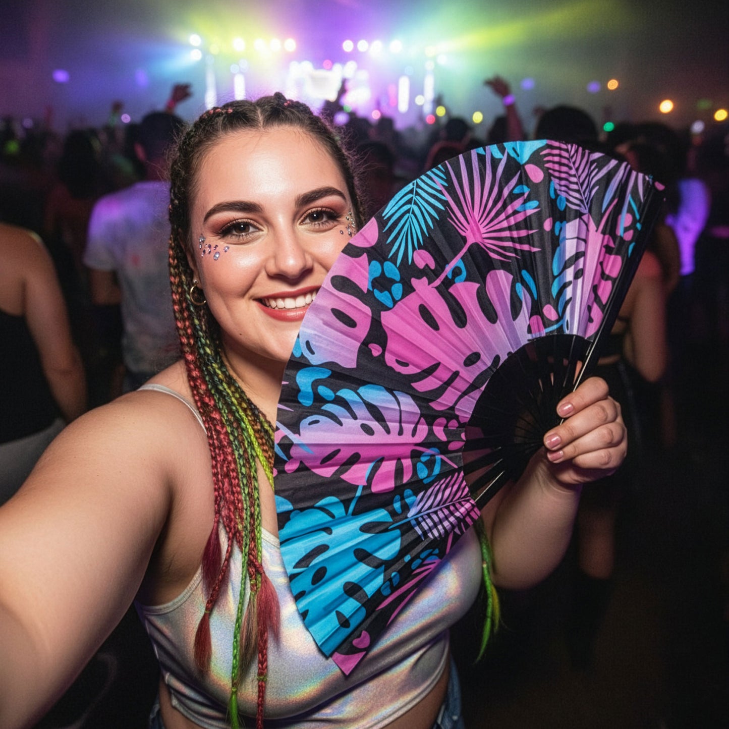 Synthwave Leaves - Bamboo Folding Hand Fan